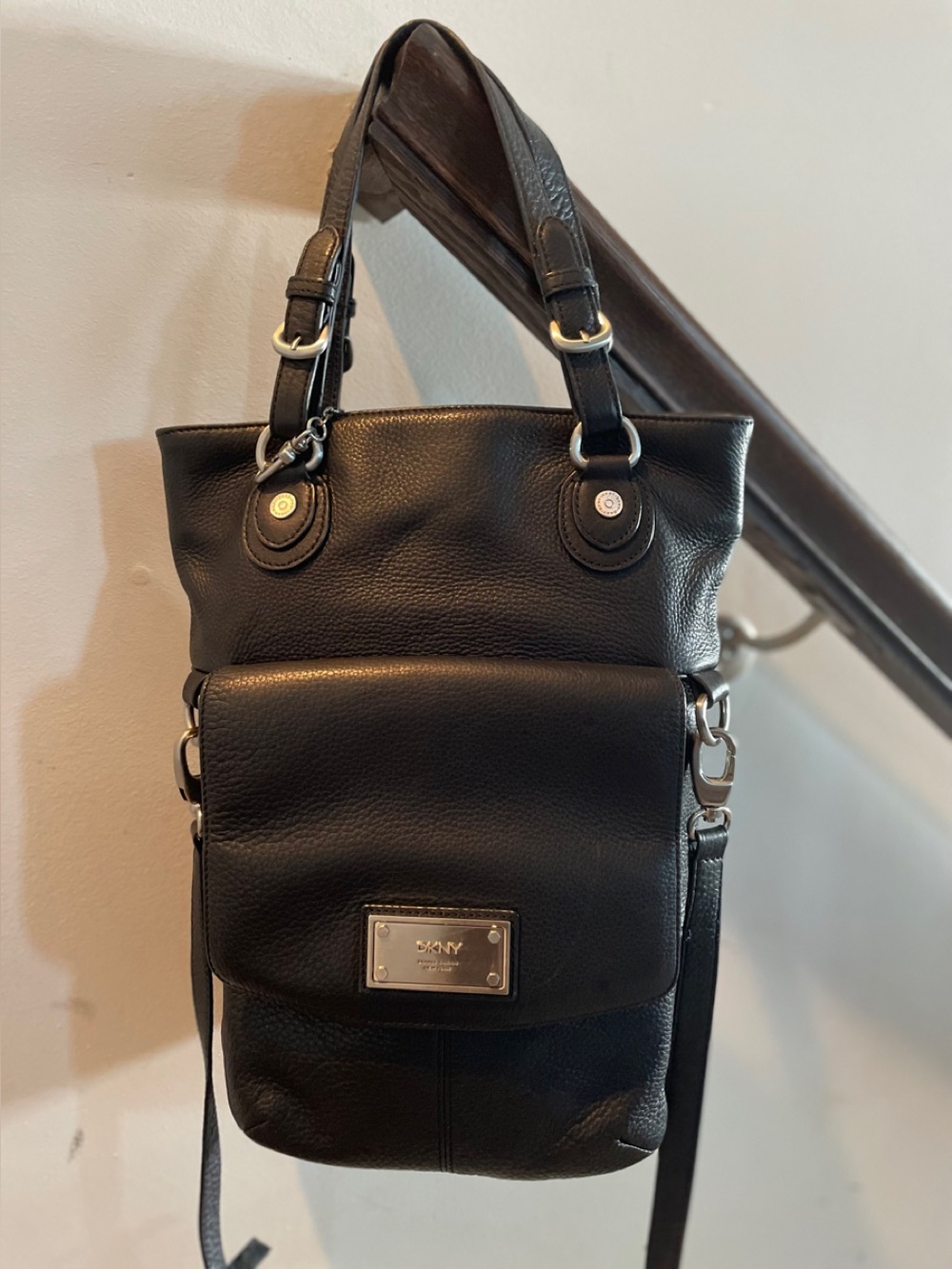 DKNY Shoulder Bag Messenger Tote Black Pebble Leather Adaptable Crossbody